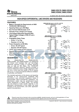 SN65LVDS050DG4 datasheet - HIGH-SPEED DIFFERENTIAL LINE DRIVERS AND RECEIVERS
