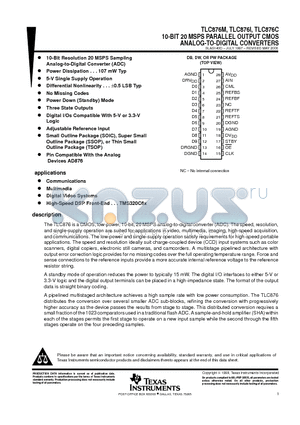 TLC876C datasheet - 10-BIT 20 MSPS PARALLEL OUTPUT CMOS ANALOG-TO-DIGITAL CONVERTERS