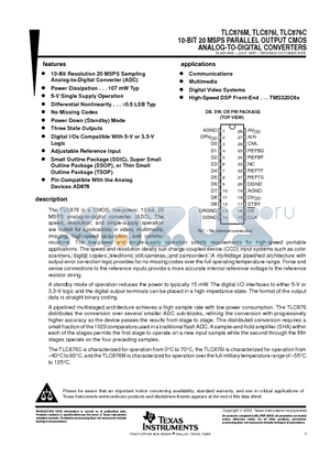 TLC876CDBR datasheet - 10-BIT 20 MSPS PARALLEL OUTPUT CMOS ANALOG-TO-DIGITAL CONVERTERS