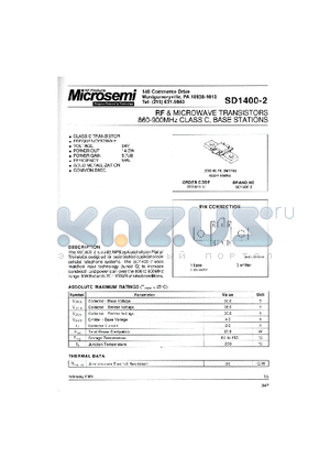 SD1400-02 datasheet - RF & MICROWAVE TRANSISTORS 860-900 MHz CLASS C, BASE STATIONS