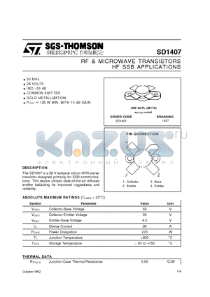 SD1407 datasheet - RF & MICROWAVE TRANSISTORS HF SSB APPLICATIONS