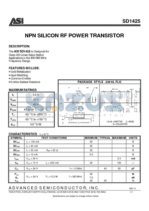 SD1425 datasheet - NPN SILICON RF POWER TRANSISTOR