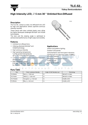 TLCB5200 datasheet - High Intensity LED, diameter 5 mm 30degree Untinted Non-Diffused