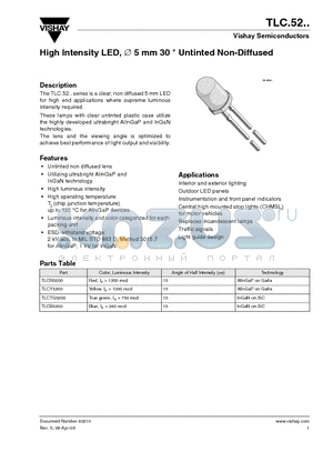 TLCTG5200 datasheet - High Intensity LED, diameter 5 mm 30degree Untinted Non-Diffused