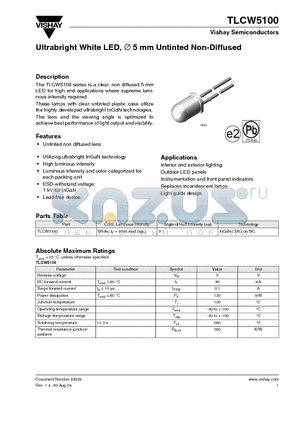 TLCW5100 datasheet - Ultrabright White LED,  5 mm Untinted Non-Diffused