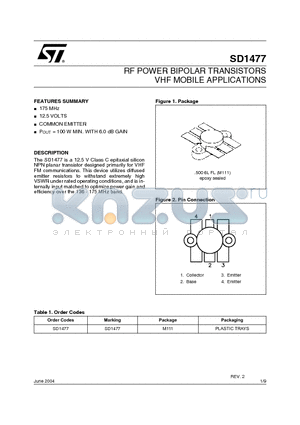 SD1477 datasheet - RF POWER BIPOLAR TRANSISTORS VHF MOBILE APPLICATIONS