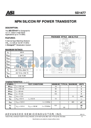 SD1477 datasheet - NPN SILICON RF POWER TRANSISTOR