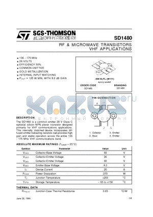 SD1480 datasheet - RF & MICROWAVE TRANSISTORS VHF APPLICATIONS