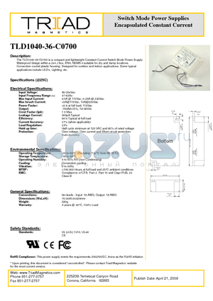 TLD1040-36-C0700 datasheet - Switch Mode Power Supplies Encapsulated Constant Current