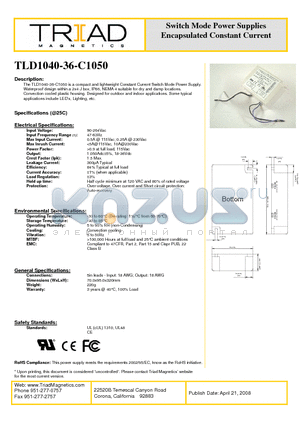 TLD1040-36-C1050 datasheet - Switch Mode Power Supplies Encapsulated Constant Current