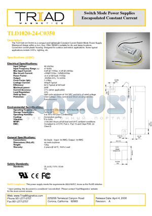 TLD1020-24-C0350 datasheet - Switch Mode Power Supplies Encapsulated Constant Current