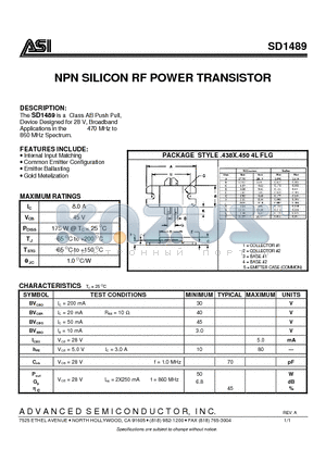 SD1489 datasheet - NPN SILICON RF POWER TRANSISTOR