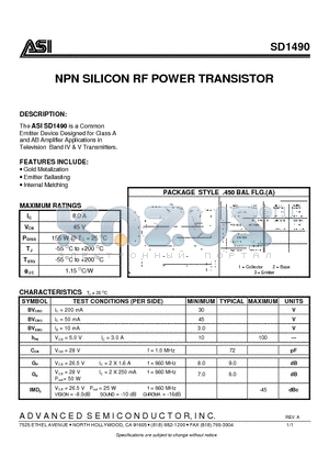 SD1490 datasheet - NPN SILICON RF POWER TRANSISTOR
