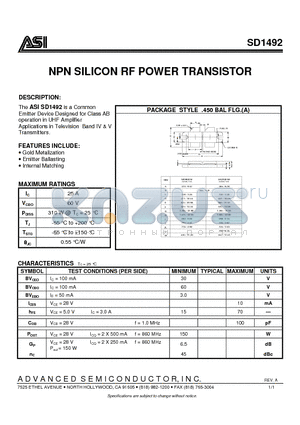 SD1492 datasheet - NPN SILICON RF POWER TRANSISTOR