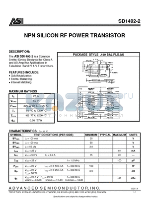 SD1492-2 datasheet - NPN SILICON RF POWER TRANSISTOR