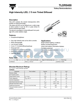 TLDR5400 datasheet - High Intensity LED, 5 mm Tinted Diffused