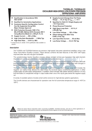 TLE2021AQPWRQ1 datasheet - EXCALIBUR HIGH-SPEED LOW-POWER PRECISION POERATIONAL AMPLIFIERS