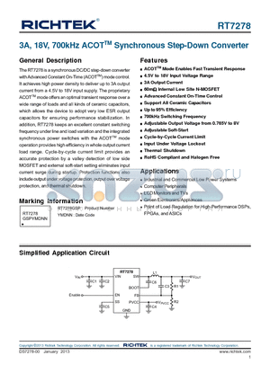 RT7278 datasheet - 3A, 18V, 700kHz ACOTTM Synchronous Step-Down Converter