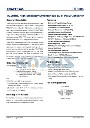 RT8005PQV datasheet - 1A, 2MHz, High-Efficiency Synchronous Buck PWM Converter