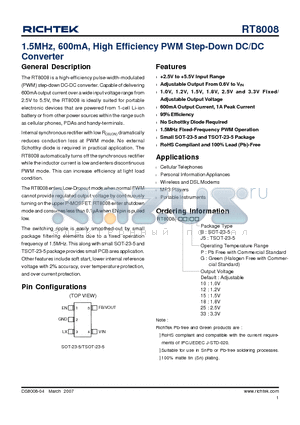 RT8008 datasheet - 1.5MHz, 600mA, High Efficiency PWM Step-Down DC/DC Converter