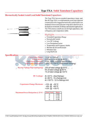 TXA105J020P1G datasheet - Hermetically Sealed Axial Lead Solid Tantalum Capacitors