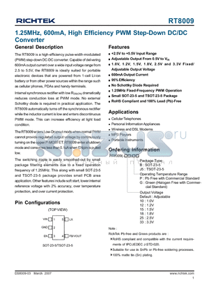 RT8009-33PJ5 datasheet - 1.25MHz, 600mA, High Efficiency PWM Step-Down DC/DC Converter