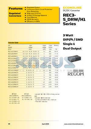 REC3-0505SRWZ/H1 datasheet - 3 Watt DIP24 / SMD Single & Dual Output