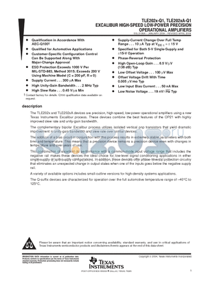 TLE2022AQDRQ1 datasheet - EXCALIBUR HIGH-SPEED LOW-POWER PRECISION POERATIONAL AMPLIFIERS