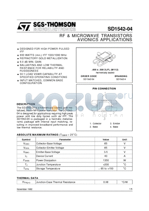 SD1542 datasheet - RF & MICROWAVE TRANSISTORS AVIONICS APPLICATIONS