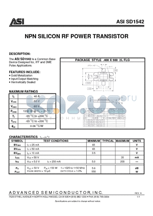 SD1542 datasheet - NPN SILICON RF POWER TRANSISTOR