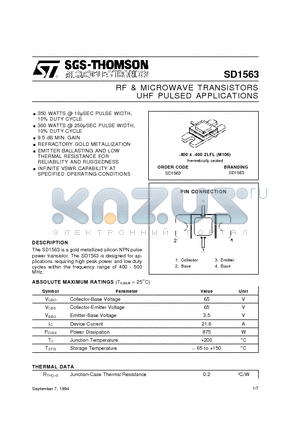 SD1563 datasheet - RF & MICROWAVE TRANSISTORS UHF PULSED APPLICATIONS