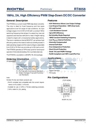 RT8058 datasheet - 1MHz, 2A, High Efficiency PWM Step-Down DC/DC Converter