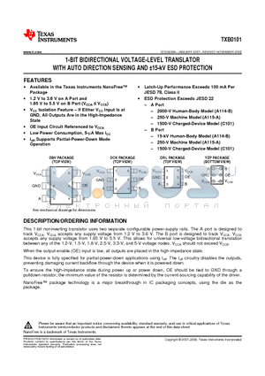 TXB0101 datasheet - 1-BIT BIDIRECTIONAL VOLTAGE-LEVEL TRANSLATOR WITH AUTO DIRECTION SENSING AND 15-kV ESD PROTECTION