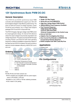 RT8101AGSP datasheet - 12V Synchronous Buck PWM DC-DC