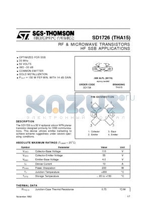 SD1726 datasheet - RF & MICROWAVE TRANSISTORS HF SSB APPLICATIONS