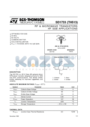 SD1733 datasheet - RF & MICROWAVE TRANSISTORS HF SSB APPLICATIONS