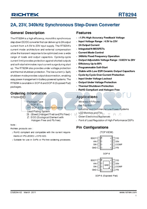 RT8294 datasheet - 2A, 23V, 340kHz Synchronous Step-Down Converter