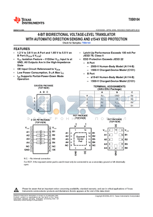 TXB0104RGYRG4 datasheet - 4-BIT BIDIRECTIONAL VOLTAGE-LEVEL TRANSLATOR WITH AUTOMATIC DIRECTION SENSING AND a15-kV ESD PROTECTION