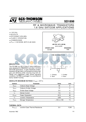 SD1898 datasheet - RF & MICROWAVE TRANSISTORS 1.6 GHz SATCOM APPLICATIONS