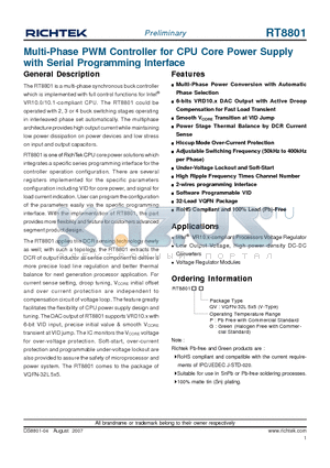 RT8801PQV datasheet - Multi-Phase PWM Controller for CPU Core Power Supply with Serial Programming Interface