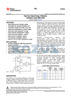 VCA810AIDR datasheet - High Gain Adjust Range, Wideband, VARIABLE GAIN AMPLIFIER