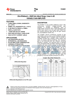VCA821IDGSR datasheet - Ultra-Wideband, > 40dB Gain Adjust Range, Linear in dB VARIABLE GAIN AMPLIFIER