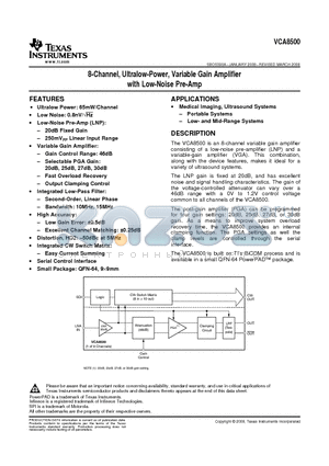 VCA8500_0803 datasheet - 8-Channel, Ultralow-Power, Variable Gain Amplifier with Low-Noise Pre-Amp