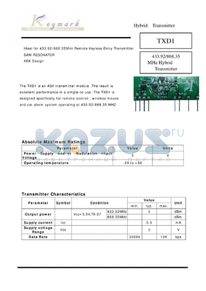 TXD1 datasheet - 433.92/868.35 MHz Hybrid Transmitter