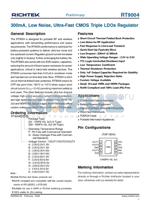 RT9004FGQV datasheet - 300mA, Low Noise, Ultra-Fast CMOS Triple LDOs Regulator