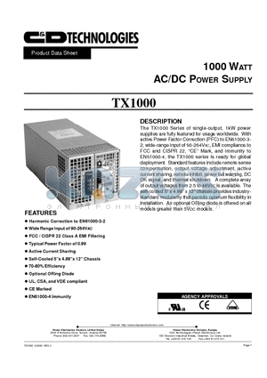 TXD1005LASLPLNH datasheet - 1000 WATT AC/DC POWER SUPPLY
