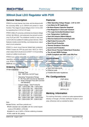 RT9012-JMPQW datasheet - 300mA Dual LDO Regulator with POR