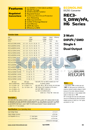 REC3-2412SRWZ/H6 datasheet - 3 Watt DIP24 / SMD Single & Dual Output