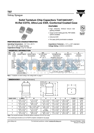 T97F227M020LAA datasheet - Solid Tantalum Chip Capacitors TANTAMOUNT^, Hi-Rel COTS, Ultra-Low ESR, Conformal Coated Case