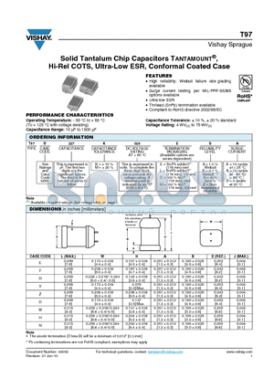 T97R227K020CBA datasheet - Solid Tantalum Chip Capacitors TANTAMOUNT Hi-Rel COTS, Ultra-Low ESR, Conformal Coated Case